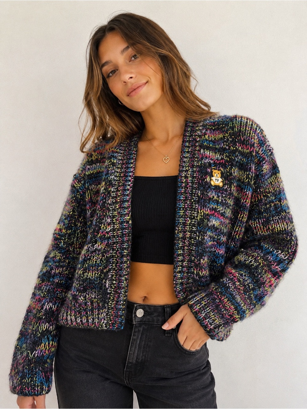 Teddy Fresh Rainbow Speckled Chunky Knit Cardigan S/M Sweater Indie Grunge B1